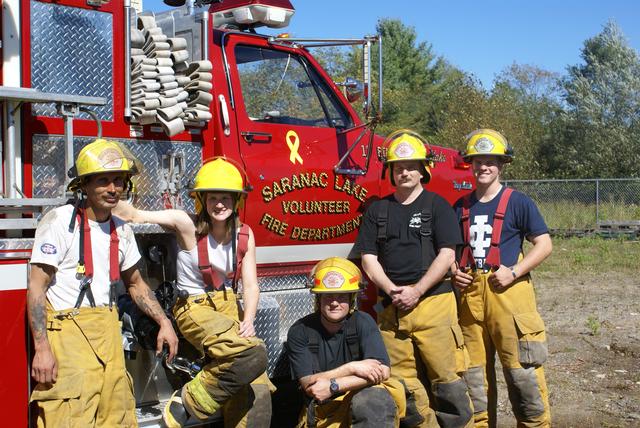 SLVFD members (left to Right) Trevor Brier, Christina Barbour, Craig Barry, Jim Stinson,  and Keegan Muldowney pause for photo on final exercise of Firefighter 1 training at the Lake Placid training facility 9/18/2010